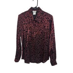 Vtg 90s Red Mettalic Velvet Burnout Button Collared Shirt Sz 12 Dark Romantic